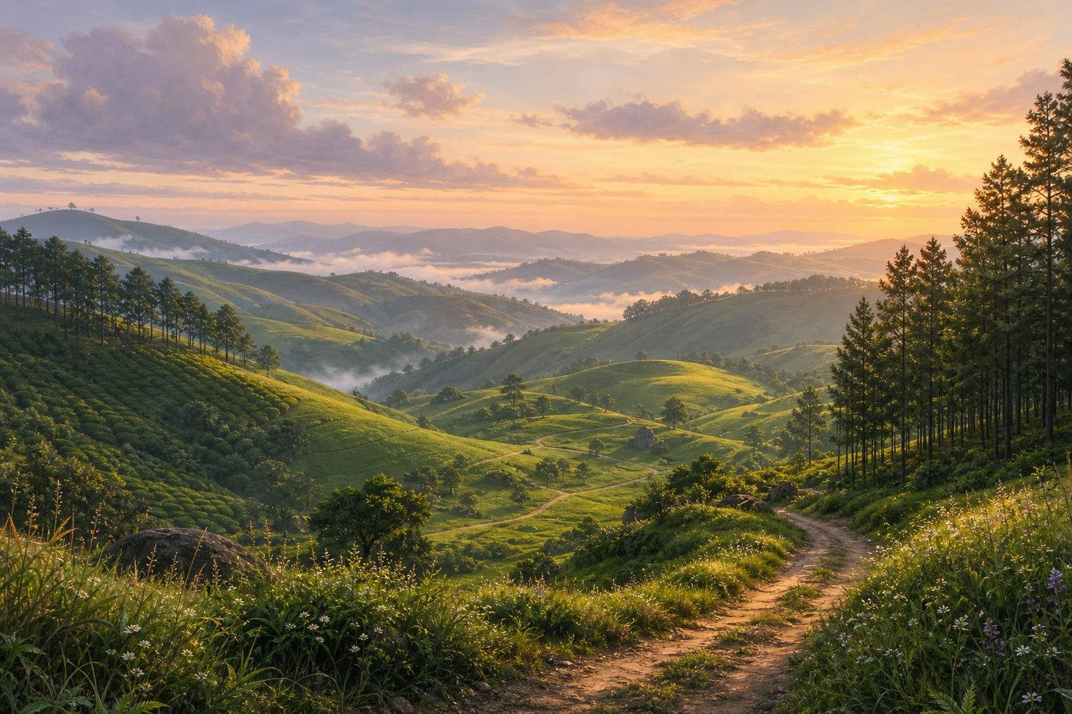 Vagamon, Idukki-Kottayam border, Kerala — illustrated landscape