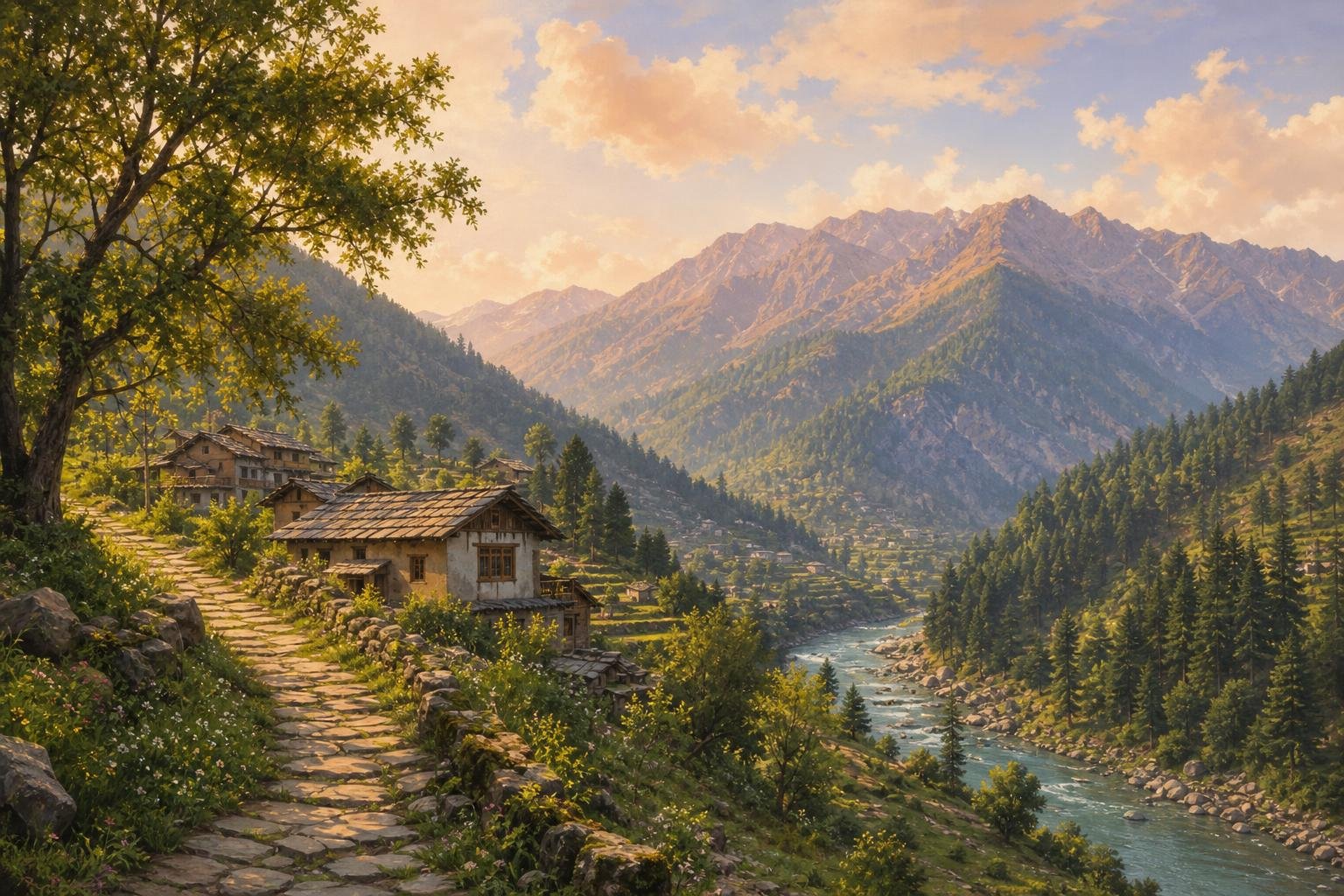 Karjan Village, Manali, Kullu district, Himachal Pradesh — illustrated landscape