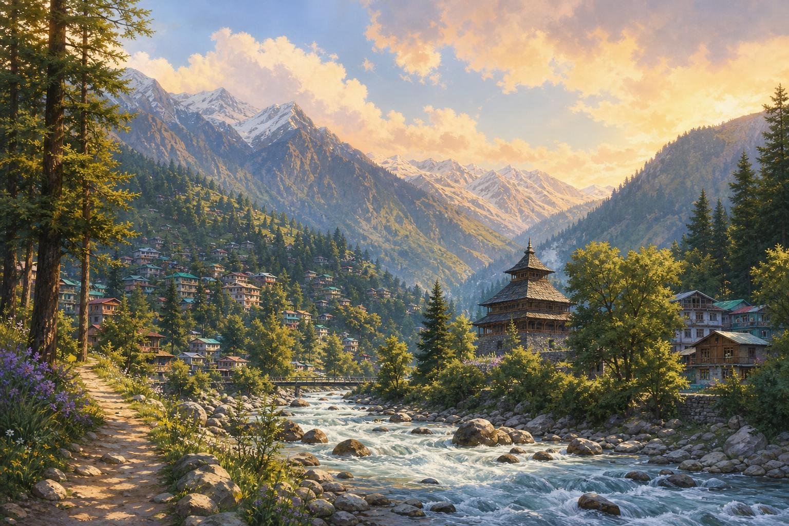 Manali, Solang Valley, Naggar, Vashisht, Rohtang Pass — illustrated landscape