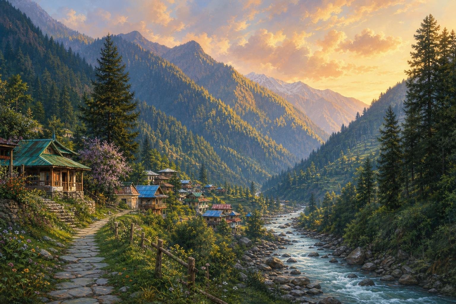Tosh, Parvati Valley, Kullu district, Himachal Pradesh — illustrated landscape