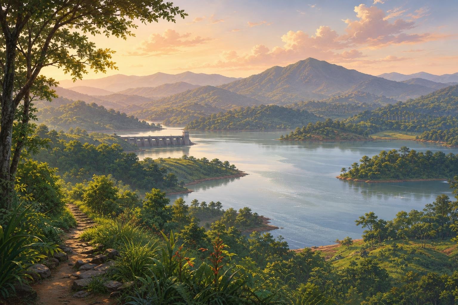 Muttil, Kalpetta area, Wayanad district, Kerala, Chembra Peak, Meppadi, Wayanad, Banasura Sagar Dam, near Kalpetta, Edakkal Caves, near Sult — illustrated landscape