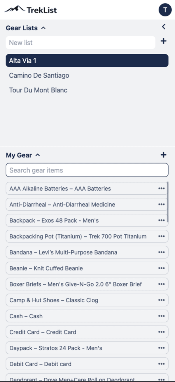 TrekList mobile view showing gear lists and My Gear search