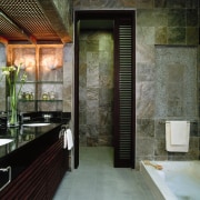 The bathroom of an apartment from an apartment architecture, bathroom, interior design, room, black, gray