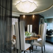 The detail of a dining room - The ceiling, dining room, furniture, home, interior design, light fixture, lighting, room, table, gray, black