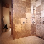 The detail of a shower - The detail bathroom, ceiling, floor, flooring, interior design, plumbing fixture, room, shower, tile, wall, orange, brown