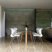 Show home featuring polished concrete exposed-aggregate flooring incorporating architecture, chair, floor, flooring, furniture, home, house, interior design, table, wall, wood, gray, white