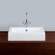 White rectangular raised basin on dark vanity top, bathroom sink, plumbing fixture, product design, sink, tap, gray, red