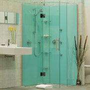 The view of a shower - The view bathroom, plumbing fixture, shower, shower door, teal, yellow