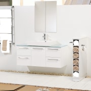 White bathroom with wall mounted vanity, glass top bathroom, bathroom accessory, bathroom cabinet, bathroom sink, plumbing fixture, product, product design, sink, tap, white