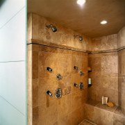 The detail of a shower - The detail bathroom, ceiling, floor, flooring, interior design, plumbing fixture, room, shower, tile, wall, brown