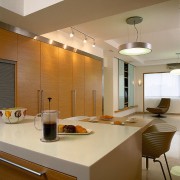 Looking past the bench &amp; into the living architecture, cabinetry, ceiling, countertop, interior design, kitchen, real estate, room, brown, orange