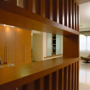 Close-up view of the wooden feature wall, Kitchen architecture, cabinetry, ceiling, flooring, furniture, hardwood, interior design, lobby, wood, brown