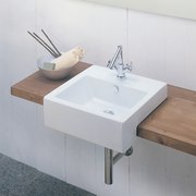 Bathroom: Thick wooden bench with rectangular sink on angle, bathroom, bathroom accessory, bathroom sink, ceramic, furniture, plumbing fixture, product design, sink, table, tap, white