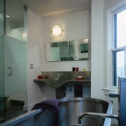 The view of a bathroom overlooking a bath architecture, bathroom, countertop, home, house, interior design, kitchen, real estate, room, window, gray, black