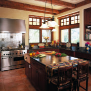 Traditional style kitchen with dark timber cabinetry and cabinetry, countertop, cuisine classique, estate, interior design, kitchen, real estate, room, window, red