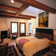 View of the master bedroom with timber beams bedroom, ceiling, estate, furniture, interior design, real estate, room, suite, red
