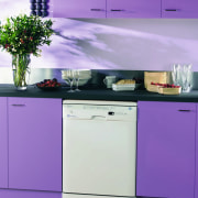 Kitchen with blue coloured cabinetry, and  white countertop, home appliance, kitchen, kitchen appliance, major appliance, product, product design, purple, refrigerator, purple