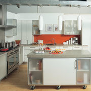 Showroom kitchen with white cabinetry, grey benchtop, red cabinetry, countertop, cuisine classique, interior design, kitchen, green