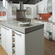 Showroom kitchen with white cabinetry, grey benchtops, red cabinetry, countertop, interior design, kitchen, room, white