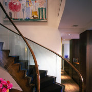 spiral stairway with oak bannister rails and glass architecture, ceiling, handrail, home, interior design, stairs, black, gray