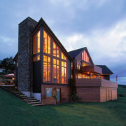 View of the back of the rural house building, cottage, estate, evening, facade, farmhouse, home, house, log cabin, real estate, shed, siding, sky, window, wood, black, teal