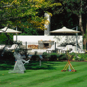 View of the outdoor entertainment area - View backyard, canopy, garden, gazebo, grass, home, house, lawn, outdoor structure, park, plant, recreation, tree, yard, green