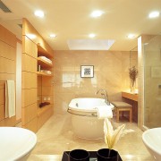 A view of the bathroom within the glass bathroom, ceiling, floor, home, interior design, property, real estate, room, tile, wall, orange