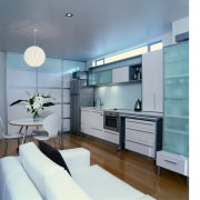 Kitchen and dining area with white cabinetry, frosted ceiling, home, interior design, living room, room, gray