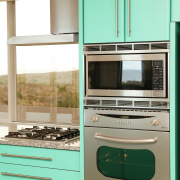 Kitchen with stainless steel wall oven and microwave countertop, home appliance, kitchen, kitchen appliance, kitchen stove, major appliance, room, teal