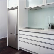 View of the Inox Iridium refrigerator. Features Active furniture, home appliance, product design, gray, white