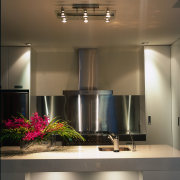 Kitchen with grey cabinetry, large stainless steel splashback, ceiling, countertop, interior design, kitchen, light fixture, lighting, under cabinet lighting, brown, gray