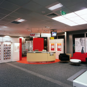 Westpac bank's new interior is spacious with an ceiling, floor, flooring, institution, interior design, black, gray