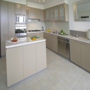 Kitchen with sand coloured cabinets, white toned marble countertop, cuisine classique, floor, flooring, kitchen, property, real estate, room, gray