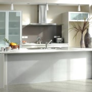 Kitchen with grey laminate cabinetry and light coloured cabinetry, countertop, cuisine classique, floor, furniture, interior design, kitchen, product design, gray