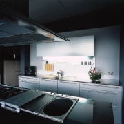 Close view of the kitchen area of this architecture, countertop, daylighting, interior design, kitchen, product design, black, gray