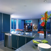 Kitchen with stainless steel countertops, double sinks and ceiling, countertop, interior design, kitchen, room, blue, gray
