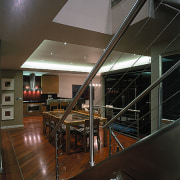 A view of stainless steel Balustardes designed by architecture, ceiling, daylighting, glass, handrail, house, interior design, stairs, wood, black