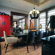 A view of the dining area through to chair, dining room, furniture, interior design, living room, room, table, black, gray