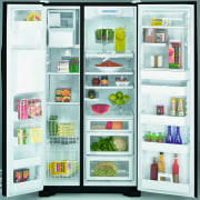 Side by side refrigerator and freezer with shelves, display case, home appliance, kitchen appliance, major appliance, product, refrigerator, shelf, shelving, white