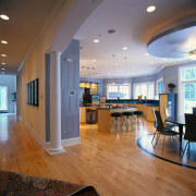 Broad view of the kitchen and dining areas ceiling, daylighting, floor, flooring, hardwood, interior design, laminate flooring, living room, lobby, real estate, room, wood flooring, brown, gray