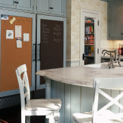 Classic Connecticut-style kitchen with elements of French chic chair, countertop, dining room, floor, furniture, interior design, kitchen, room, table, wall, gray