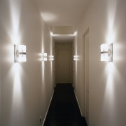 view of hallway lighting - view of hallway apartment, architecture, ceiling, daylighting, floor, hall, home, house, interior design, light, light fixture, lighting, property, window, gray