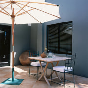 view of outdoor entertainment area with vinetian blinds chair, furniture, interior design, shade, table, black, gray