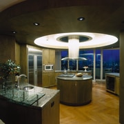 View of the kitchen area - View of ceiling, countertop, interior design, kitchen, lighting, lobby, brown