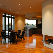 View of the dining and kitchen areas - ceiling, dining room, floor, flooring, hardwood, home, interior design, living room, real estate, room, window, wood, wood flooring, brown