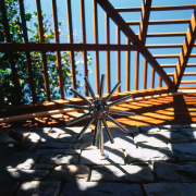 View of the shower head - View of daylighting, light, plant, sky, structure, sunlight, tree, window, wood, black