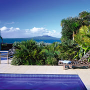 View of the pool area - View of arecales, caribbean, estate, home, house, leisure, palm tree, property, real estate, resort, sky, swimming pool, tropics, vacation, villa, white, blue