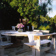 Close view of the outdoor furniture - Close backyard, bench, chair, furniture, outdoor furniture, outdoor structure, patio, plant, table, tree, black