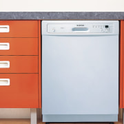 A photograph of a white Simpsons dishwasher. The chest of drawers, drawer, furniture, home appliance, kitchen appliance, major appliance, orange, product, product design, white, red