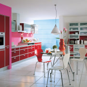 The view of an urban kitchen featuring high countertop, cuisine classique, dining room, interior design, kitchen, room, gray